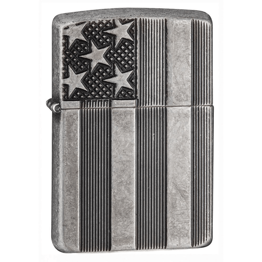 Zippo Armor Antique Silver Plate Deep Carved American Flag