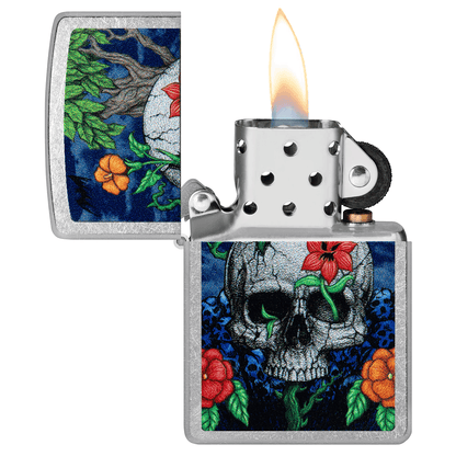 ZIPPO SKULL FLOWER BLOOM STREET CHROME