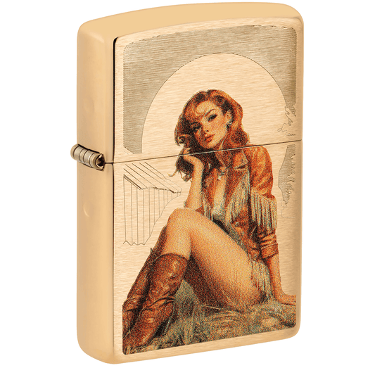 Zippo Cowgirl Engraved Color Image Brushed Brass
