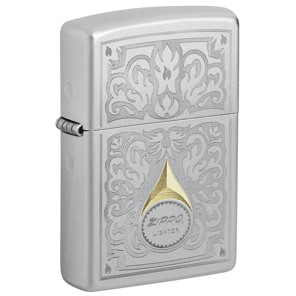 Zippo 2 Tone Engraved Patterns With Logo Satin Chrome