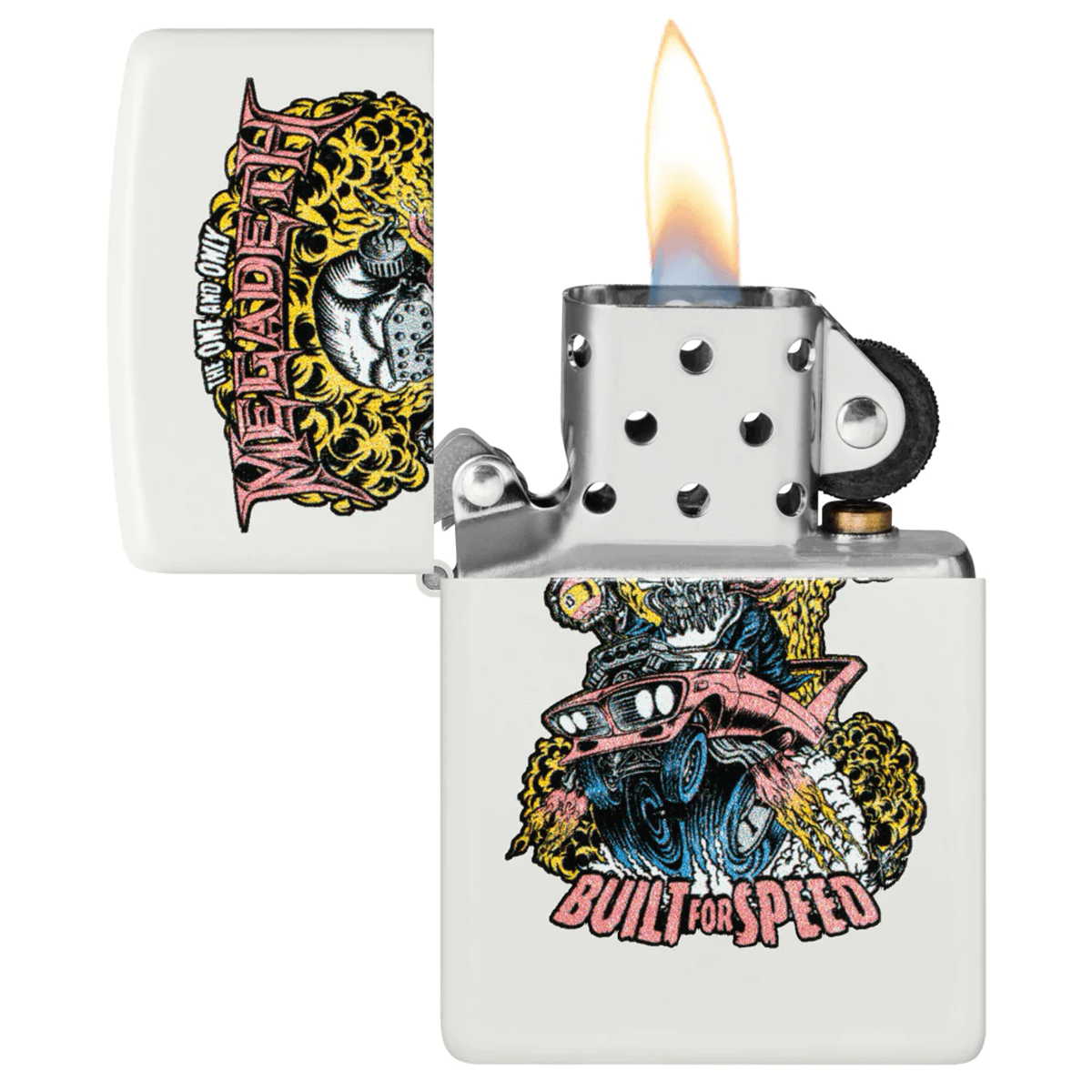 ZIPPO MEGADETH BUILT FOR SPEED WHITE MATTE COLOR IMAGE