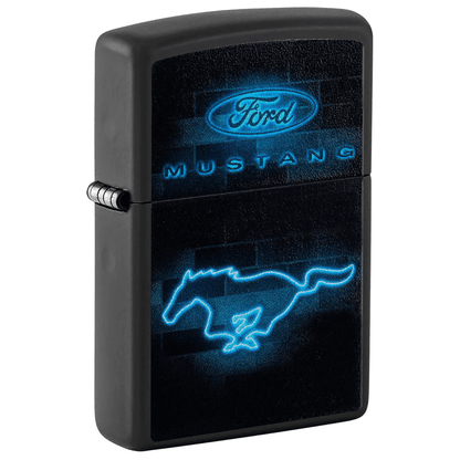Zippo Ford Mustang Blue Neon Logo Black Matte