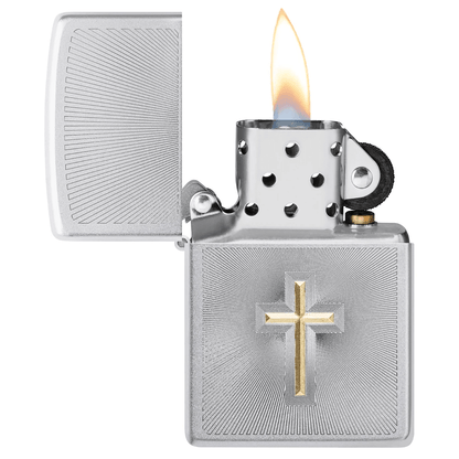 Zippo Brass Cross On Satin Chrome