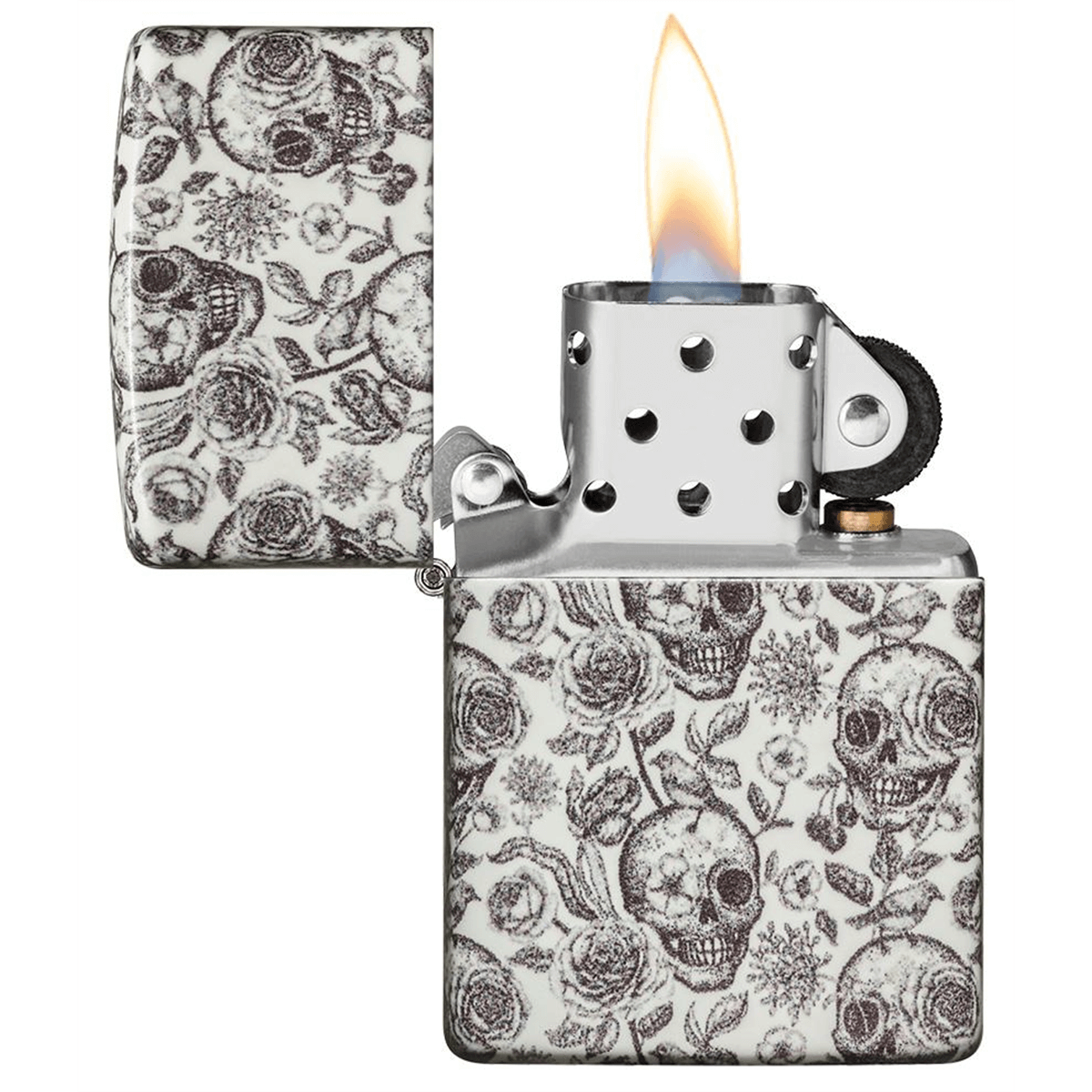 Zippo Skulls With Floral Accents Glow In The Dark