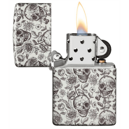 Zippo Skulls With Floral Accents Glow In The Dark