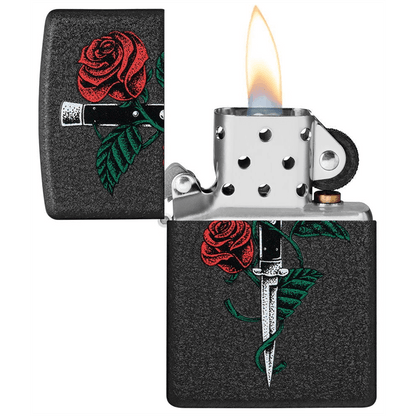 Zippo Black Crackle Rose Dagger Tattoo Design